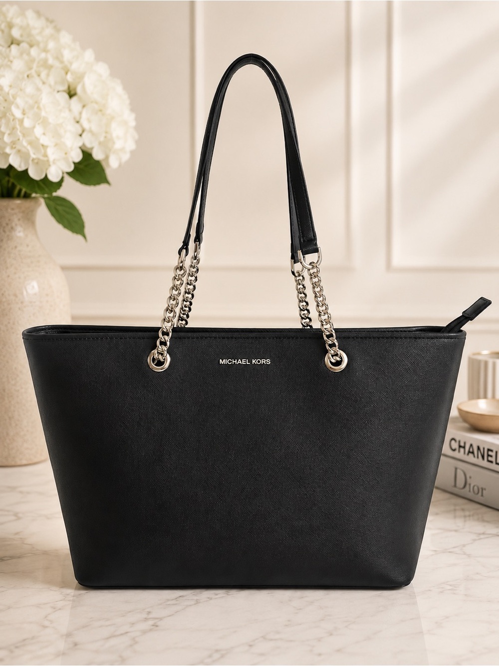 Michael Kors Black Saffiano Leather Chain Tote Shoulder Bag Zip Top Work Purse